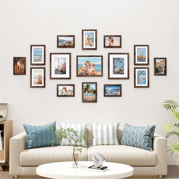 Vittanly 15 Pack Picture Frames Collage Wall Decor, Wall/Tabletop Display | Brown, Multi-Size Gallery Wall Frame Set: 3pcs 8x10, 6pcs 5x7, 6pcs 4x6. Picture Frame Set for Family
