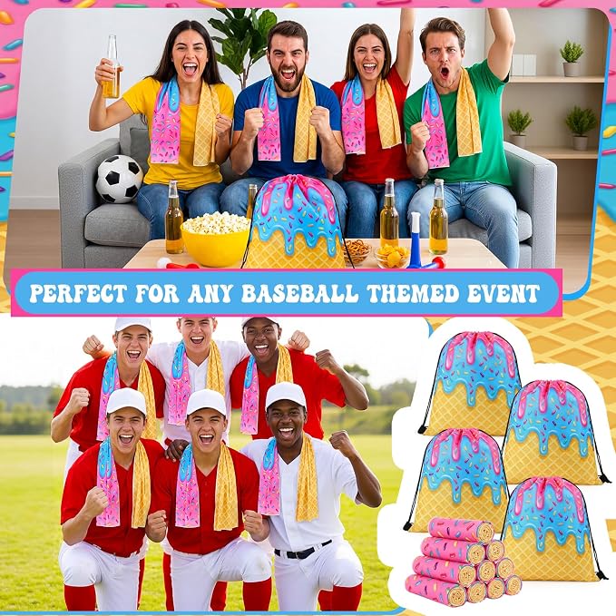 Peryiter 24 Pcs Ice Cream Drip Baseball Party Favors 12 Cooling Towels 12 Drip Drawstring Bags Bulk Sport Gifts for Teams Summer Camping Yoga Running Supplies, Chilly and Absorbent(Basic)