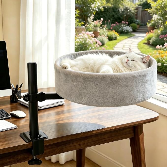 Cat Desk Bed,360° Rotating & Height Adjustable Desk Cat Bed,Space Saving Modern Indoor Cats Nest Furniture Cozy Faux Fur Pet Nest Perch Hammock for Various Desktops,15.7" L*15.7" W*16.9" H,Grey