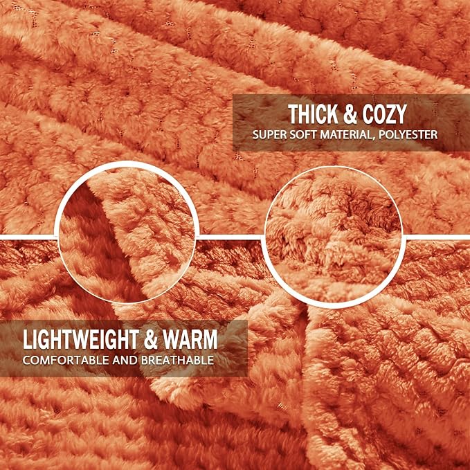 Exclusivo Mezcla Soft Waffle Fleece Bed Blanket Queen Size, Burnt Orange | Lightweight Plush Blanket for Bed, Bedroom, Cozy Flannel with Waffle Texture, Stylish Home Decor, All Season, 90x90 Inches