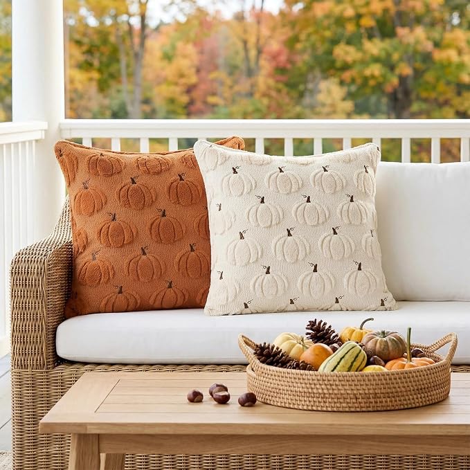 Fall Pillow Covers 20x20 Set of 2 Double-Sided Plush Maple & Pumpkin | Burnt orange throw pillows with raised pumpkin and maple embroidery, designed for bedrooms, sofas, and fall home decor.