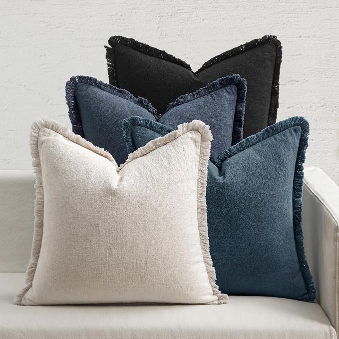 MIULEE Fall Linen Fringe Pillow Covers Set of 4 18x18 Beige/Coastal Blue | Boho Farmhouse Decorative Throw Pillow Covers, Neutral Soft Rustic Cushion Cases, for Couch Sofa Bed Living Room Home Decor