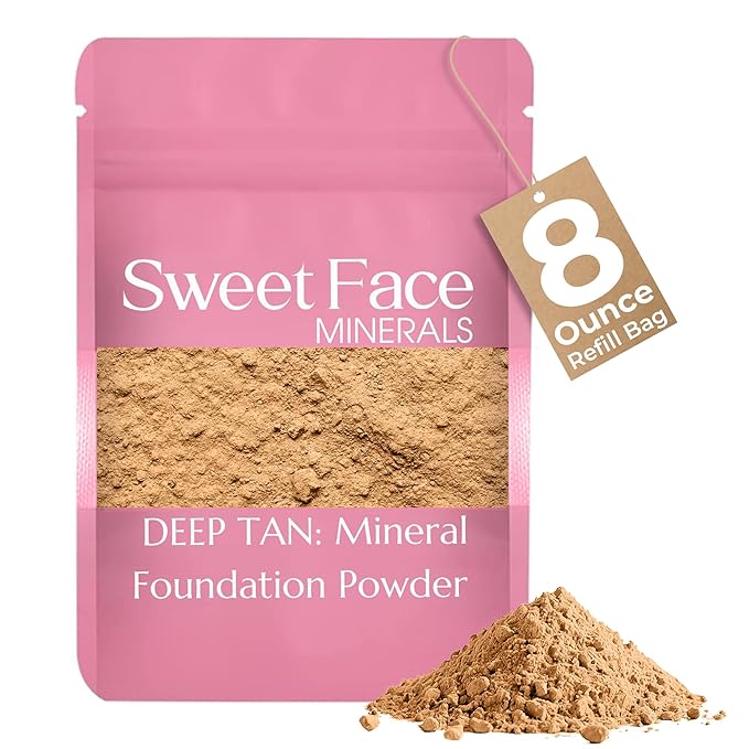 (8 Ounce) (Deep Tan) Foundation Powder Refill By Sweet Face Minerals, Lightweight Mineral Loose Makeup Powder with SPF 20, Full Coverage Flawless Finish, Talc-free, Cruelty-Free, Refillable Pouch