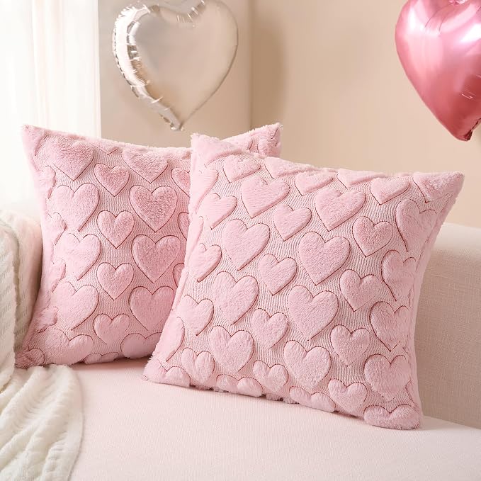 Softalker Pink Heart Pillow Covers 18 x 18 Inch Set of 2, Spring Summer Soft Faux Fur Cushion Covers, 3D Embroidered Pillow Cases for Girl's Room Decor