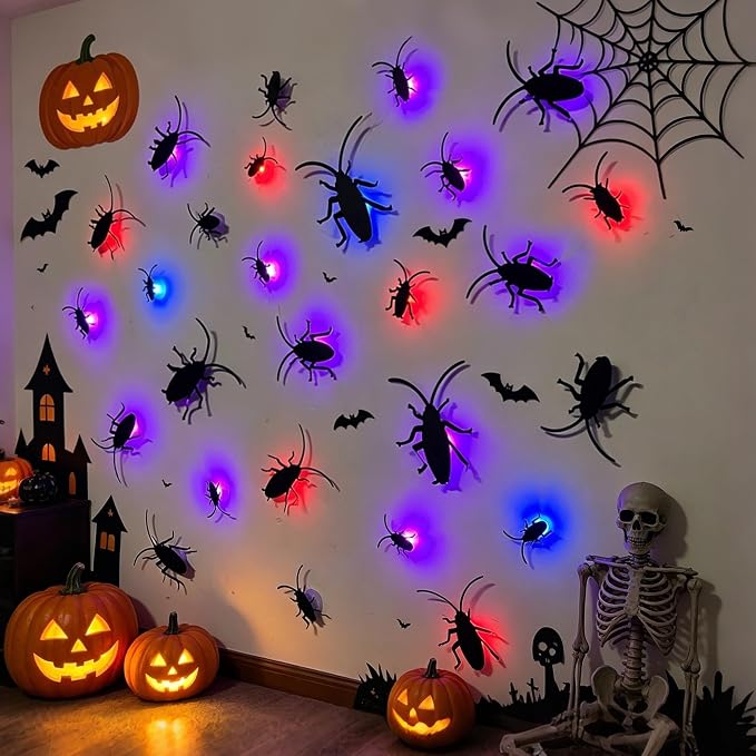 DR.DUDU 36 Pack Halloween Wall Decor 3D Cockroach Window Stickers | LED Lights, Removable PVC, Assorted Sizes, Light Up Roach Wall Decals, Indoor Outdoor Bathroom Home Party Decor