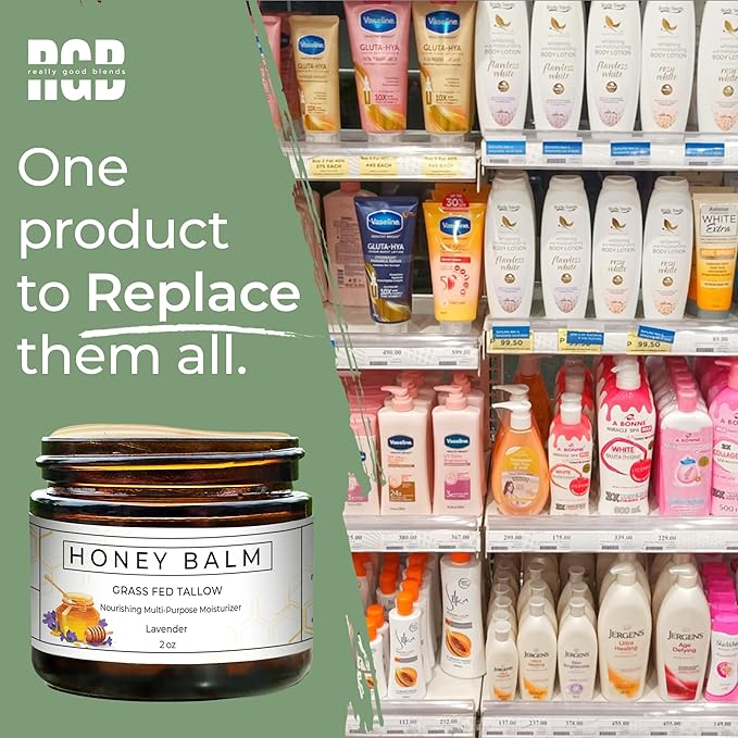 Tallow Honey Balm, Organic Body Butter, Grass-Fed Beef Tallow for Skin, Soothing All-Natural Moisturizer for Body and Face | Made in USA - 2 oz (Lavender)