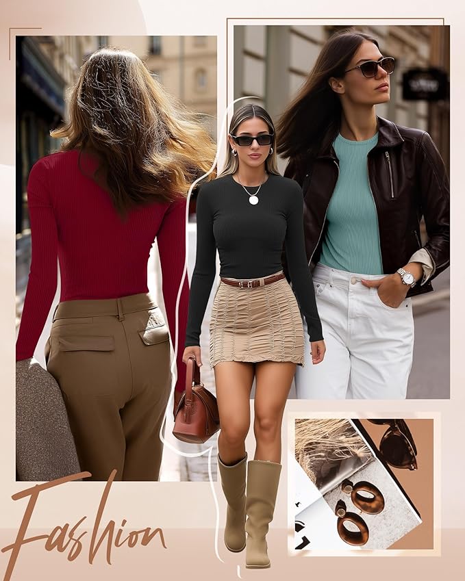 Ficerd 3 Pack Women's Ribbed Long Sleeve Tops, Crew Neck Slim Fit Undershirts Knit Basic Casual Stretch Layering Tee Shirts