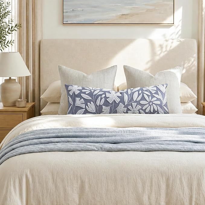 Long Lumbar Pillow Cover 14x36 for Bed, Coastal Dusty Blue Floral Tufted Velvet Accent Oversize Throw Pillowcase for Bedroom, Cover Only