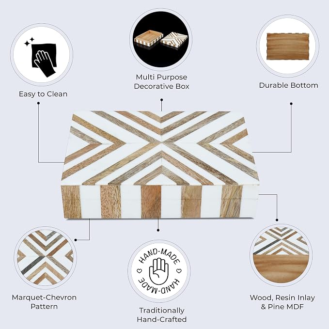 Handicrafts Home White Decorative Storage Box with Lid Wood Remote Control Box Coffee Table Storage Box Remote Holder for Living Room Decor – Resin Inlay Marquet Chevron Collection - 8x5x2