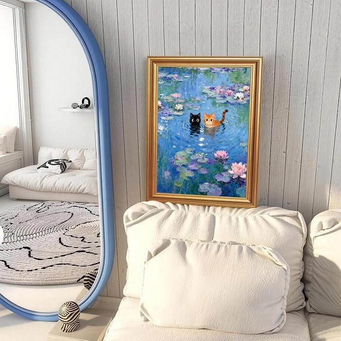 ICHZUMW Gold Framed Funny Cats Monet Water Lilies Canvas Wall Art, 12x16 In | Quirky Black and Orange Cats, Humorous Bathroom Wall Decor, Bedroom Restroom Powder Room, Fade Resistant, Ready to Hang