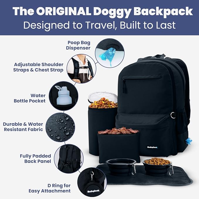 Rubyloo Dog Travel Backpack for Supplies - Dog Diaper Bag with Travel Bowls