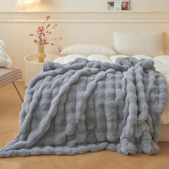 LIFEREVO Luxury Fluffy Faux Rabbit Fur Throw Blanket 60x80, Gray | Plush Fuzzy Bubble Lap Throw for Couch Sofa Office, Soft Cozy Furry Bed Blanket Home Decoration, Washable & Skin-friendly