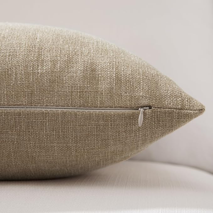 Meekio Set of 2 Deep Khaki Pillow Covers 20 x 20 Inch Farmhouse Boho Decorative Throw Pillow Covers Linen Cushion Covers for Sofa Couch Décor