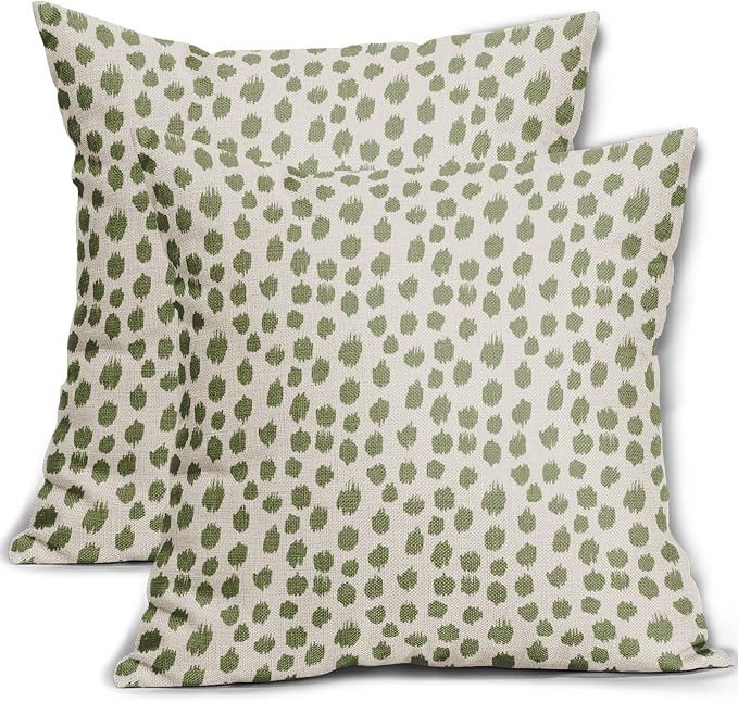 Sage Green Cream Pillow Covers 18x18 Set of 2 Boho Design Polka Dot Throw Pillows Modern Brush Strokes Print Decorative Outdoor Pillowcase Square Cushion Cover Linen Pillow Case for Sofa Couch Bed