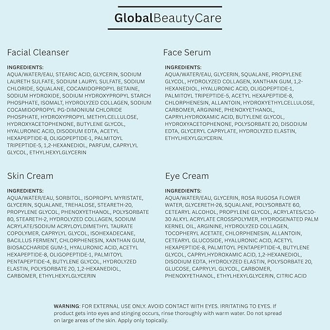 Global Beauty Care Smooth & Lift Collagen Skin Care Set - Hydrating & Firming Facial Cleanser, Serum, Eye Cream & Face Cream with Peptides & Hyaluronic Acid, Complete Face Care Routine, 4-Piece Set