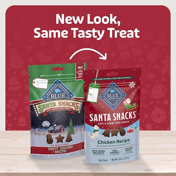 Blue Buffalo Santa Snacks Chicken Dog Treats, 4.5 oz | Limited-Time Holiday Treat, Soft-Moist Training Bits, Seasonal Shapes, No Chicken By-Product, Corn, Wheat, or Soy