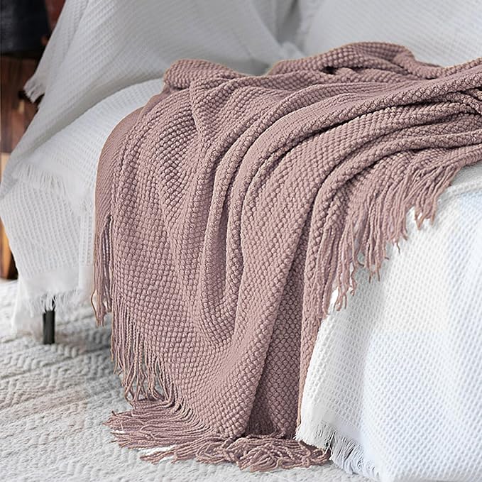 LOMAO Knitted Throw Blanket with Tassels Bubble Textured Lightweight Throws for Couch Cover Home Decor (Brownish Pink, 50x60)
