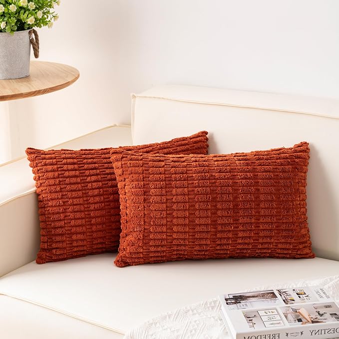 Aegero Pack of 2 Corduroy Decorative Throw Pillow Covers 12x20 Inch, Rust | Fall Soft Striped Pillow Covers Modern Farmhouse Home Decor Christmas Throw Pillow Covers for Sofa Living Room Couch Bed