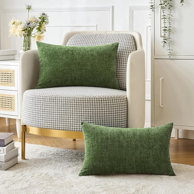 MIULEE Soft Chenille Lumbar Throw Pillow Covers Moss Green 12x20 Pack of 2 | Modern Home Decor, Classic Decorative Pillows, Solid Dyed Cases, Boho Couch Cushion Covers for Sofa Bed Living Room