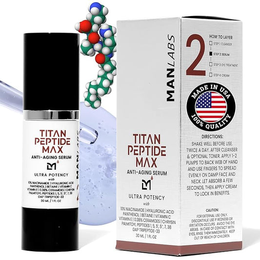 Man Labs Titan MAX Anti-Aging Peptides Serum for Face – Ultra Potency Mens Peptide Serum Moisturizer – Mens Skin Care – Men, Dark Spots, Wrinkles, Fine Lines – Peptides, 10% Niacinamide, HA –Unscented