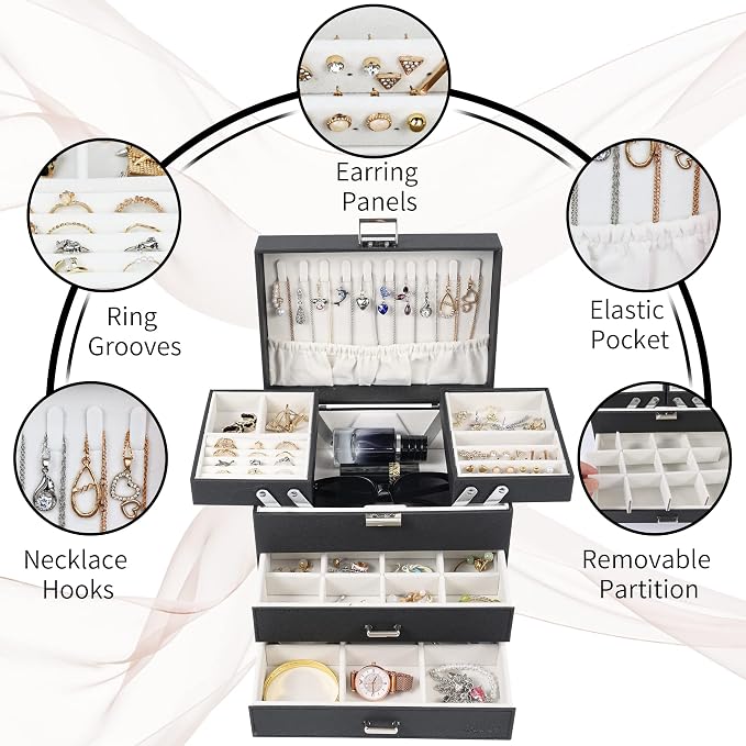 Jewelry Organizer Box, Large Jewelry Boxes for Women Girls, Space-Saving 4 Layers Jewelry Storage Case with Drawer, Movable Metal Stand, Modern, Gift Idea (Black + Silver)