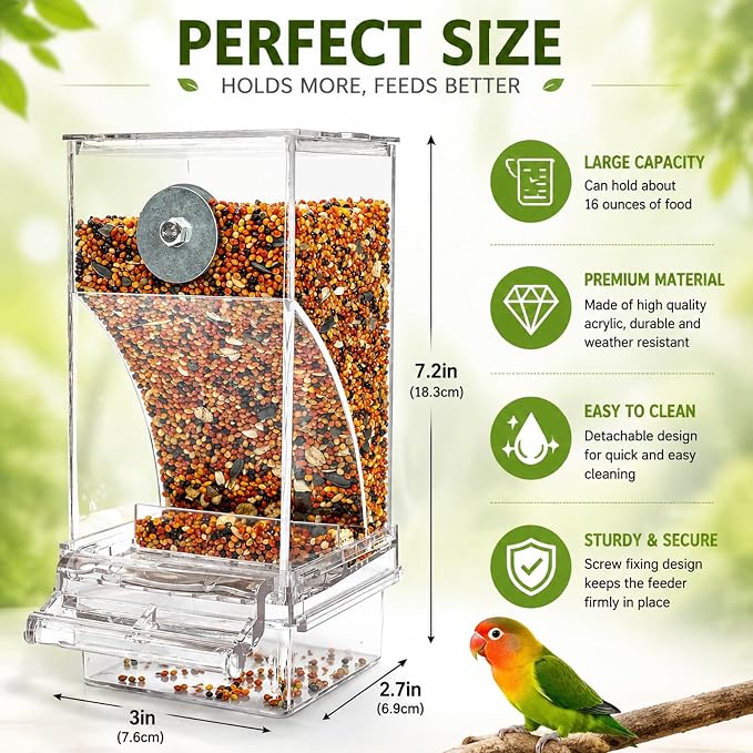 Rypet No-Mess Automatic Bird Feeder, Parakeet Cage Accessories | Transparent Acrylic Food Level Check, Helps Reduce Seed Scatter, for Small Birds Cockatiel Parrot Canary