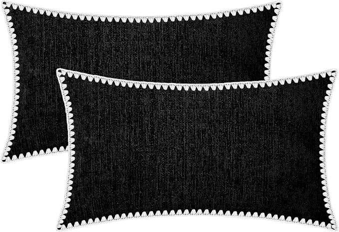 BRAWARM Chenille Throw Pillow Covers 12x20 Inches, Black, 2 Pack | Decorative Lumbar Pillow Covers with Shell Edge, Soft Cushion Cases for Sofa Bed Living Room Home Farmhouse (No Insert)