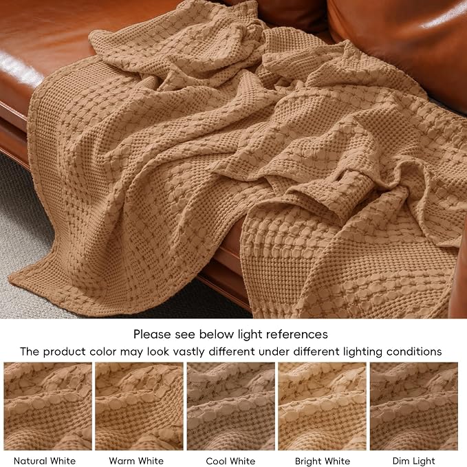 PHF 100% Cotton Waffle Weave Blanket King Size, Lightweight Breathable Summer Blanket for Hot Sleepers, Pre-Washed Soft Layer for Bed, Couch, Home Decor Gift, 108"x90", Clay