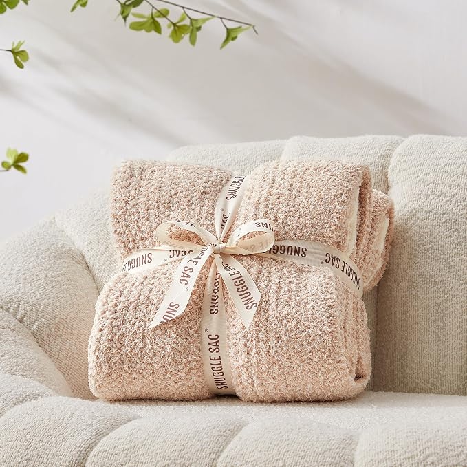 Snuggle Sac Heather Throw Blanket for Couch, Reversible Super Soft Blankets Warm Cozy Knit Fuzzy Plush Lightweight for Sofa, Bed, Camping, Picnic (Heather Beige, Throw(50"x60"))