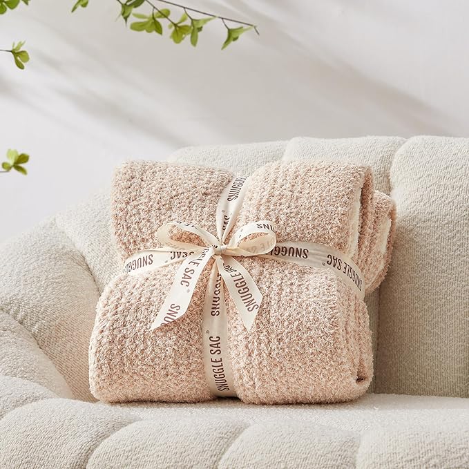 Snuggle Sac Super Soft & Reversible Heather Beige Throw - Oversized Cozy Knit Blanket for Bed, Sofa, Living Room, Twin Size (60x80 Inches)