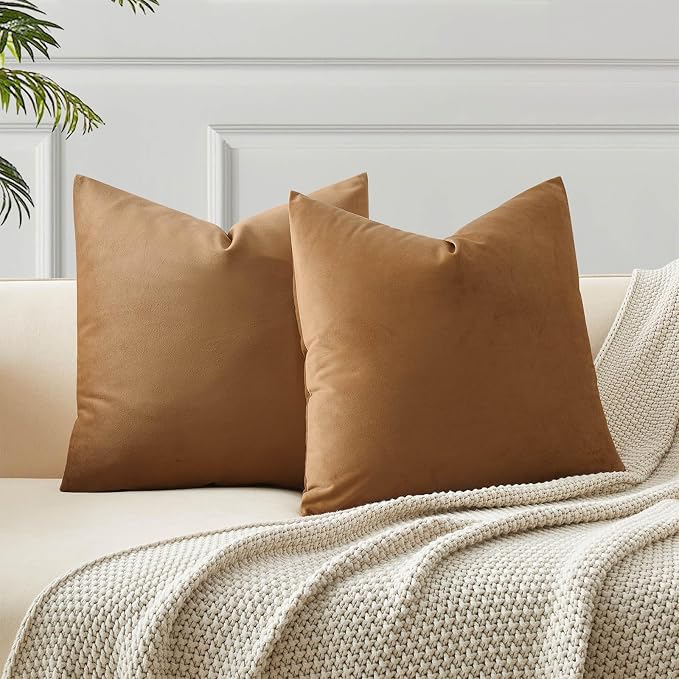 JUSPURBET 28x28 Decorative Velvet Throw Pillow Covers Set of 2,Light Brown | Cozy Soft Euro Cushion Covers Cases with Hidden Zipper for Couch Sofa Bed Living Room Bedroom Home Decor