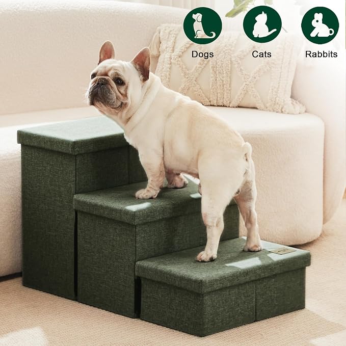 Love's cabin Dog Stairs for High Bed, Foldable Pet Stairs for Small Medium or Large Dogs Puppy with Storage for Bed or Couch, Cat Dog Steps Ramp with Zip up to 200 lbs, Dark Green, 3 Steps