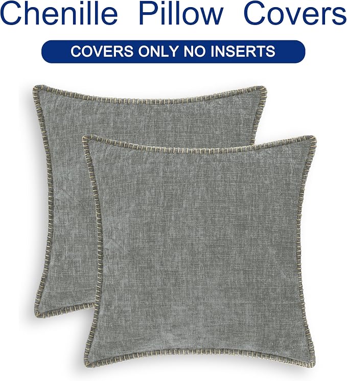 CaliTime Decorative Couch Throw Pillow Covers 18 X 18 Inches Medium Grey | Pack of 2, Cozy Chenille Cushion Cases, Cotton Thread Stitching Edges, for Sofa Bed Living Room Farmhouse