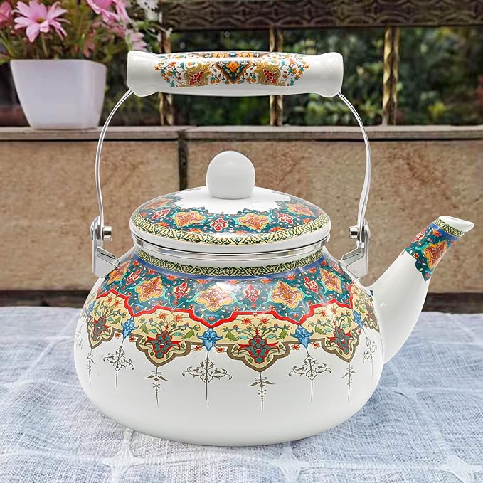 Anxingo Colorful Water Tea Kettle,Tea Kettle Pot for Stove, Top Porcelain Large Enamel Tea Kettle 2.5L,Retro Classic Design (style3)
