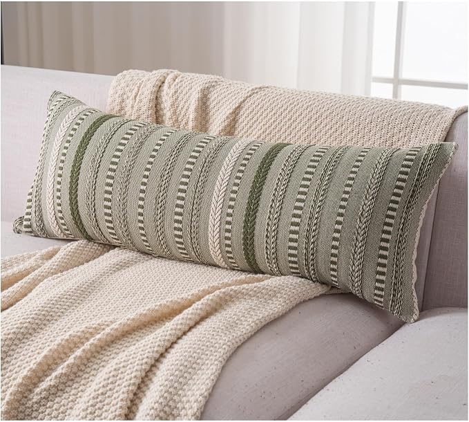 Cethom Boho Lumbar Pillow Covers 14x36 Long, Farmhouse Decorative Couch Pillow Cases, Green Accent Pillows of Bed, Sofa Bedroom Living Room Home Decor Cushion Cover, Pack of 1