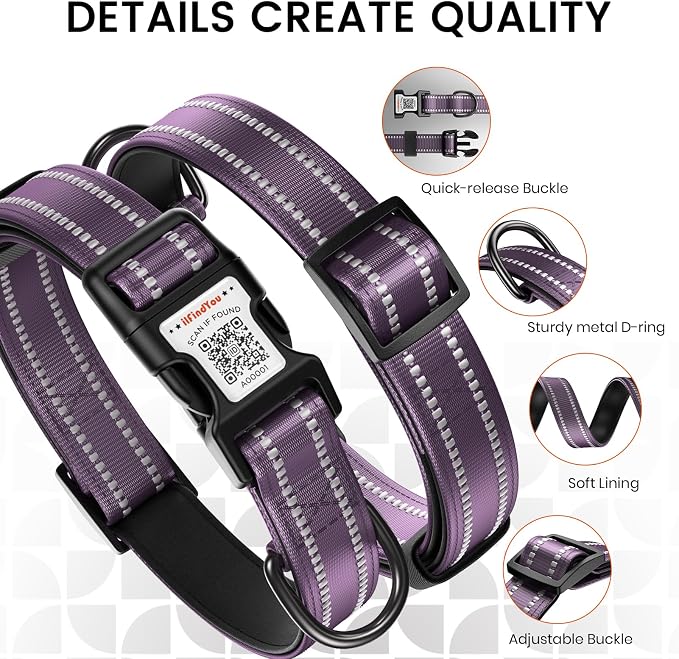 Personalized Dog Collar with QR Code Dog Tag, Purple 05 S | Anti-lost, 1000D nylon, reflective, padded, XS-L(8"-24"), QR buckle shares lost pet profile, location alerts when scanned