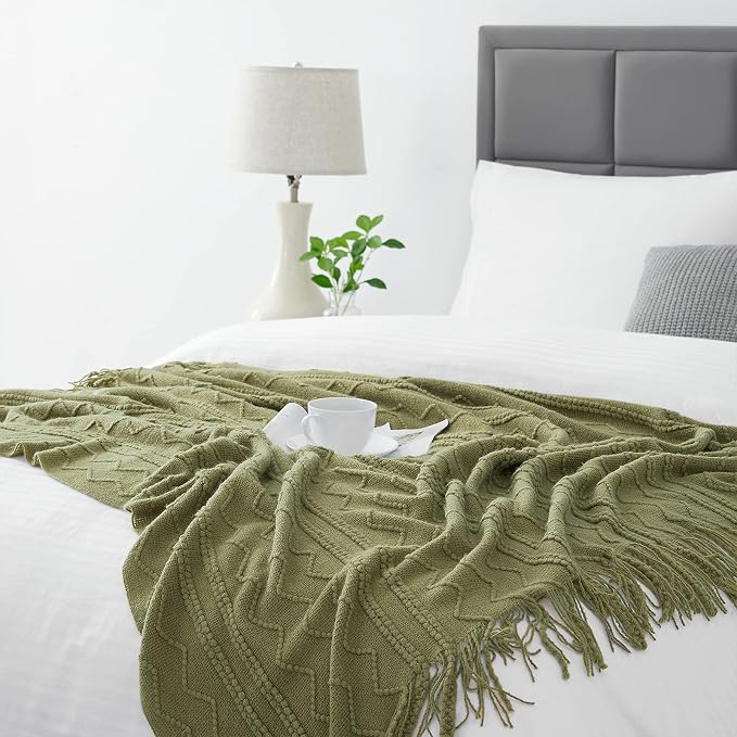 BOURINA Olive Throw Blanket 50x60 Inch Boho Knitted Soft Throw Sofa Blanket | Knitted Throw Blanket 50x60 Inches, Soft Lightweight Boho Weave Throw Decorative Couch Blanket for Living Room Bedroom Chair