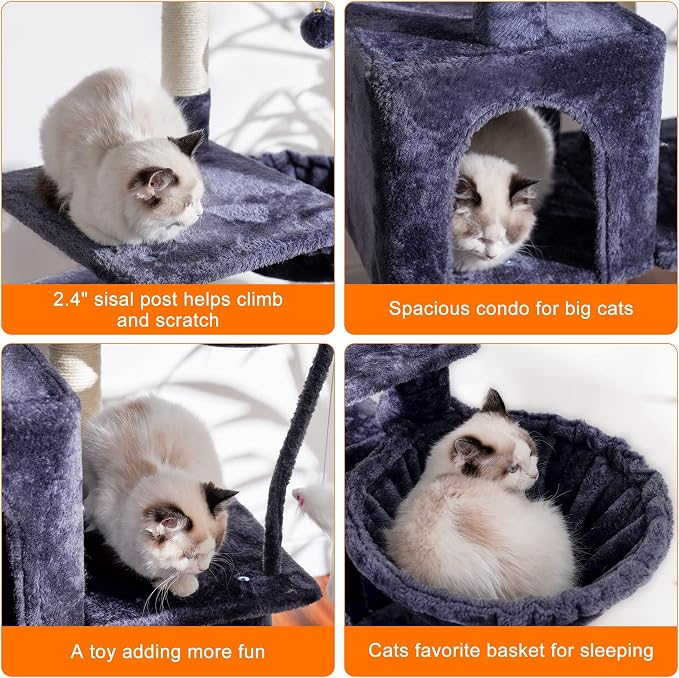 Heybly Cat Tree with Toy, 43.3 inch Cat Tower for Indoor Cats HCT004G | Cat Condo with Durable Sisal Scratching Posts, Cat House with Padded Plush Perch, Cozy Hammock, Smoky Gray