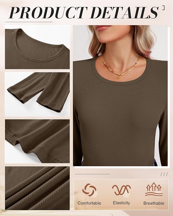 Ficerd 3 Pack Women's Ribbed Long Sleeve Tops, Crew Neck Slim Fit Undershirts Knit Basic Casual Stretch Layering Tee Shirts