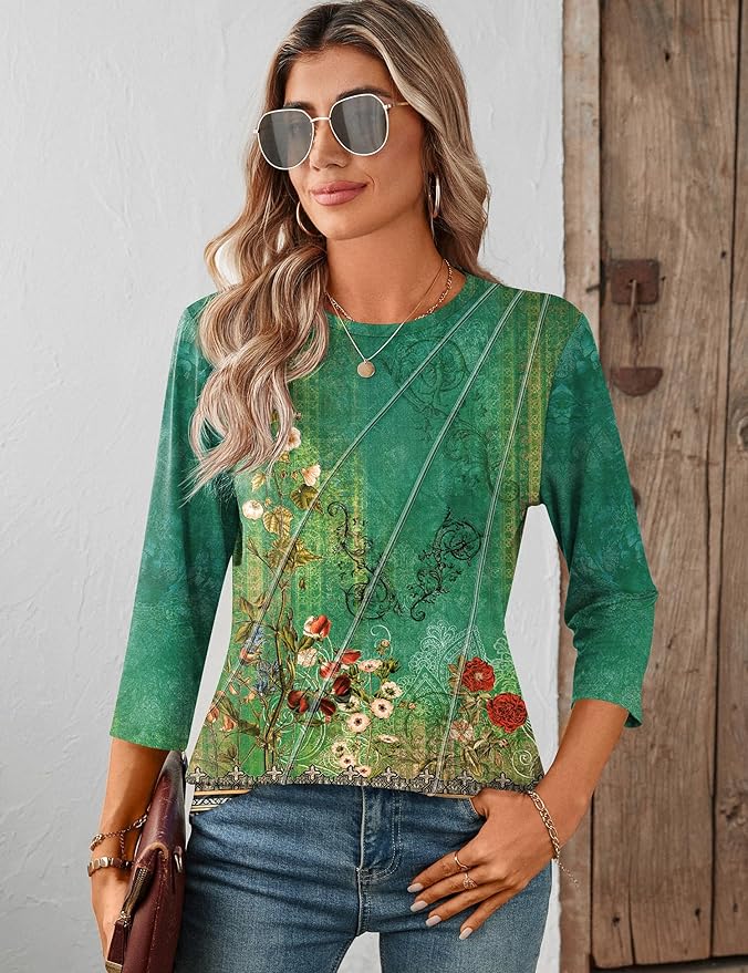 LOMON 3/4 Length Sleeve Womens Tops Spring Summer Fashion 2026 Tops Crew Neck Pleated Shirts Tunic Top Loose Fit