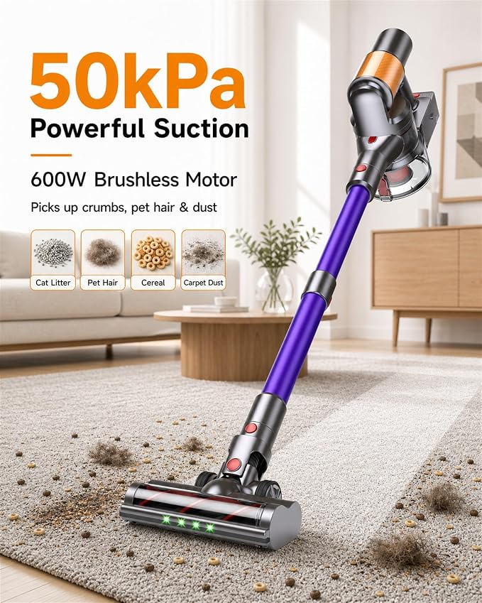 Cordless Stick Vacuum Cleaner, 2 Batteries 120 Mins for Home, Pet Hair | 600W 50KPA Powerful, Self-Standing, Tangle-Free Brush, LED Display, Vacuum Cleaner for Hardwood Floor, Carpet