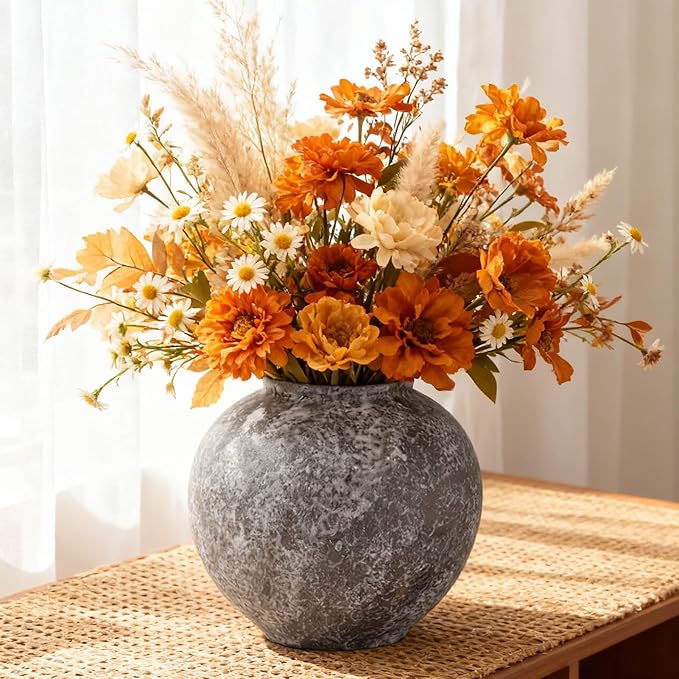 Rustic Ceramic Vintage Farmhouse Vase for Decor (Small Brush Black) | 8.8'' Textured Stone Vase Home Decor, Decorative Terracotta Round Clay vase for Living Room, Table, Shelf, Kichen Décor