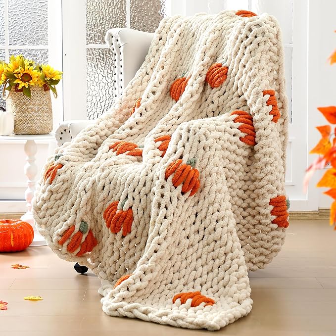 Fall Pumpkin Chunky Knit Throw Blanket 50" x 60",Beige | Large Handmade Chenille Loop Yarn Fluffy, Soft Knitted Throw, Big Cozy Thick Cable Knit Crochet Blanket, for Couch Sofa Bed