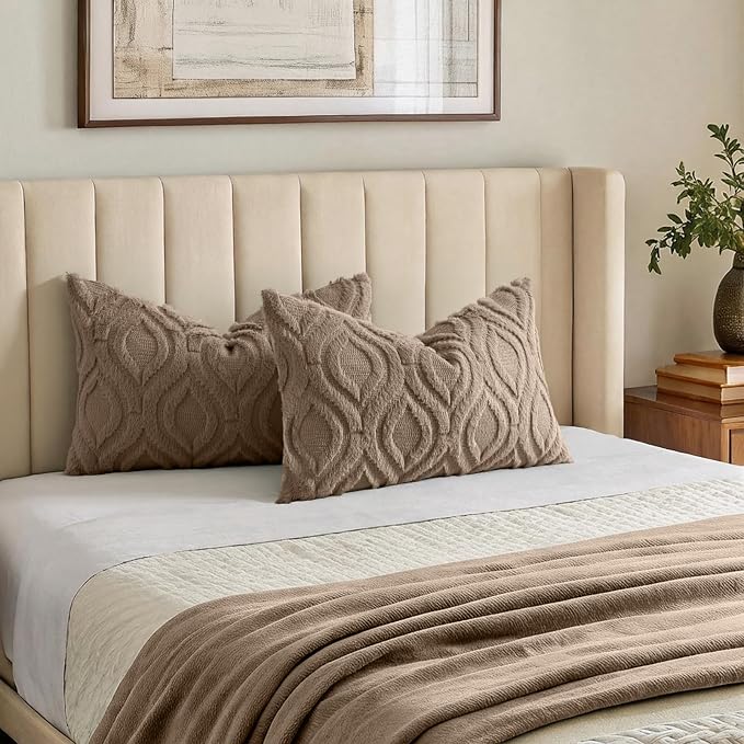 decorUhome Faux Fur Soft Light Brown Throw Pillow Covers 12x20 Set of 2 | Plush Solid Fall Couch Pillow Covers, Accent Modern Farmhouse Neutral Decorative Square Pillow Cases for Sofa Bed Living Room
