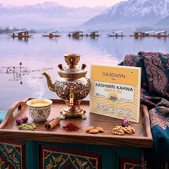 Goodwyn Kashmiri Kahwa Green Tea, 30 Tea Bags | Saffron, Almonds & Spices | Natural Low Caffeine Herbal Blend | Plastic Free Bags