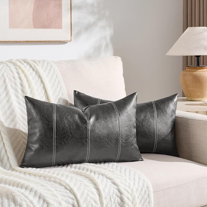 Fancy Homi Dark Gray Long Lumbar Faux Leather Decorative Throw Pillow Covers 12x24 Inch for Outdoor Couch Bed, Modern Farmhouse Boho Home Decor, Charcoal Gray Hand Stitched Cushion Case 30x60 cm