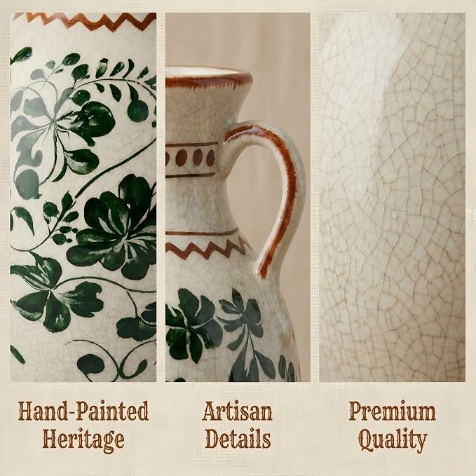 EFISPSS Ceramic Vintage Vase Decorative Spring Decor Chinese Crackle Floral Handle for Dining Room Living Room Green