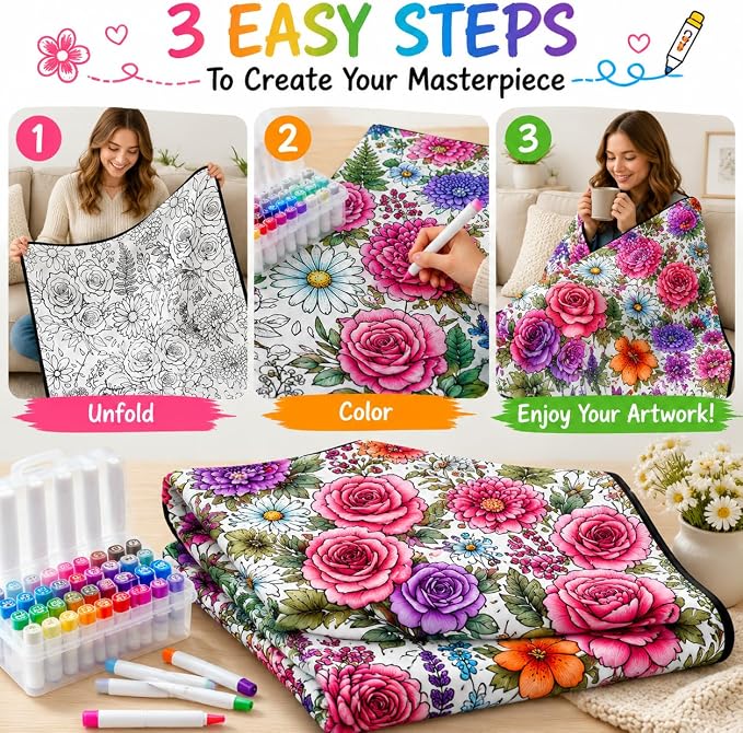 VEELU DIY Coloring Blankets with 24 Colors Markers for Adults | Custom Color In Your Own Blankets With 24 Colors Markers, Snuggle Color Sketch Washable Blankets Kit Home Decor
