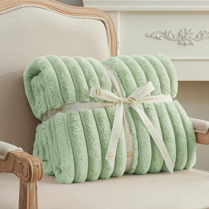 Faux Fur Throw Blanket for Couch, Cozy Fuzzy Fluffy Fur Luxurious Soft Striped Plush Gift Blankets for Family Sofa Chair Bedroom, 55"x70", Sage Green