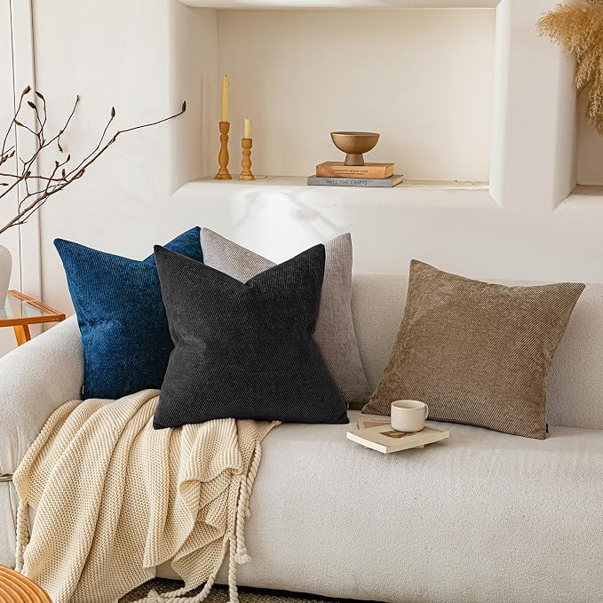 a moment Pack of 2 Decorative Chenille Throw Pillow Covers with Twill Cushion Covers for Sofa Living Room Couch Bed 16x16 Inch Black